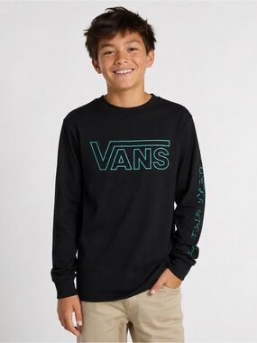 Vans Black Long Sleeve Tee with Teal Logo Accent